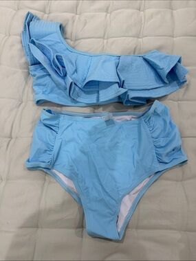 DAVI & DANI Light Blue Ruffle One-Shoulder Bikini Set